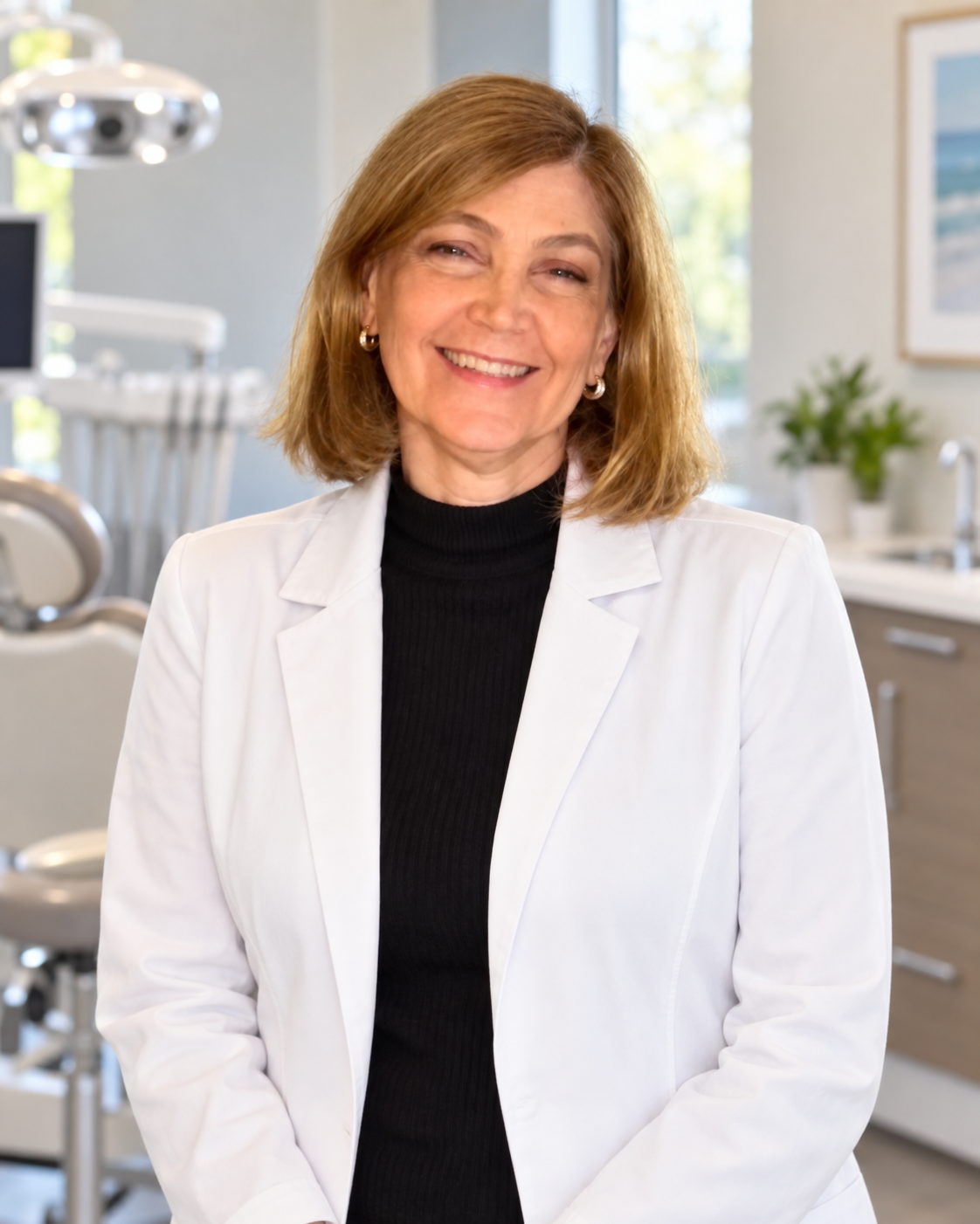 Retrato da Dra. Márcia Tezeli com ambientação ilustrativa de consultório odontológico